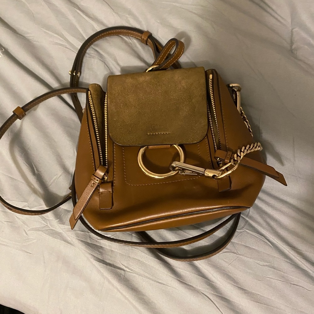 Chloe Faye Small Brown Leather Suede Backpack in Woody Khaki